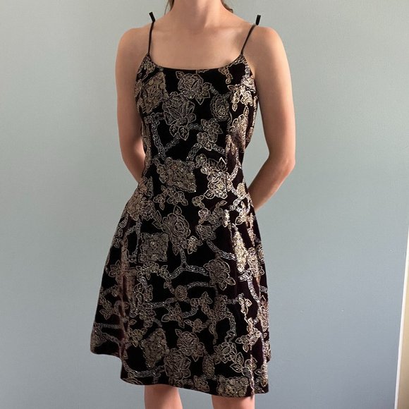 Vintage 90s Velvet Mini Dress, 1990s Brown Sparkly Velour Dress - Picture 2 of 9